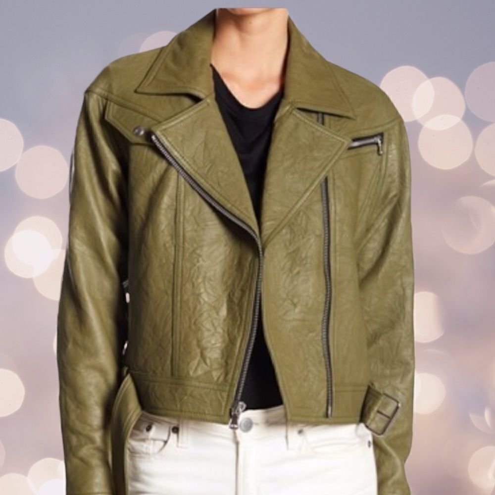 PAIGE Leather Moto Jacket size Medium Spring Moss Green GORGEOUS!
